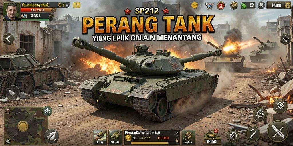 Screenshot SP212 menampilkan aksi seru pertempuran tank yang dramatis.